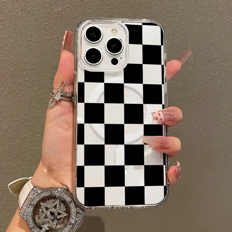 Magnetic Aesthetic Smartphone Cover for iPhone 11-17 Pro Max, Black & White Checkerboard Lightweight Casing, MagSafe Support, Shockproof Protection, Playful Style Mobile Phone Accessory