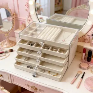 Jewelry Organizer Multi-layer Clear Storage With 5 Drawers Earring Holder Necklace Display Box For Dressing Table Elegant Glass Lid Multiple Compartments hat blade stand