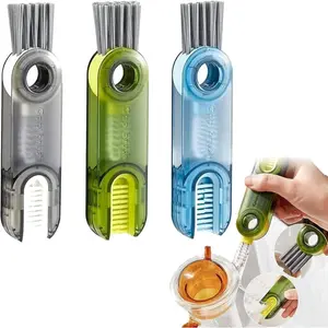 3PCS 3-in-1 Multipurpose Bottle Gap Cleaner Brush U-shaped Hard Bristle Corner Brush for Cups & Bottles Gray Blue Green