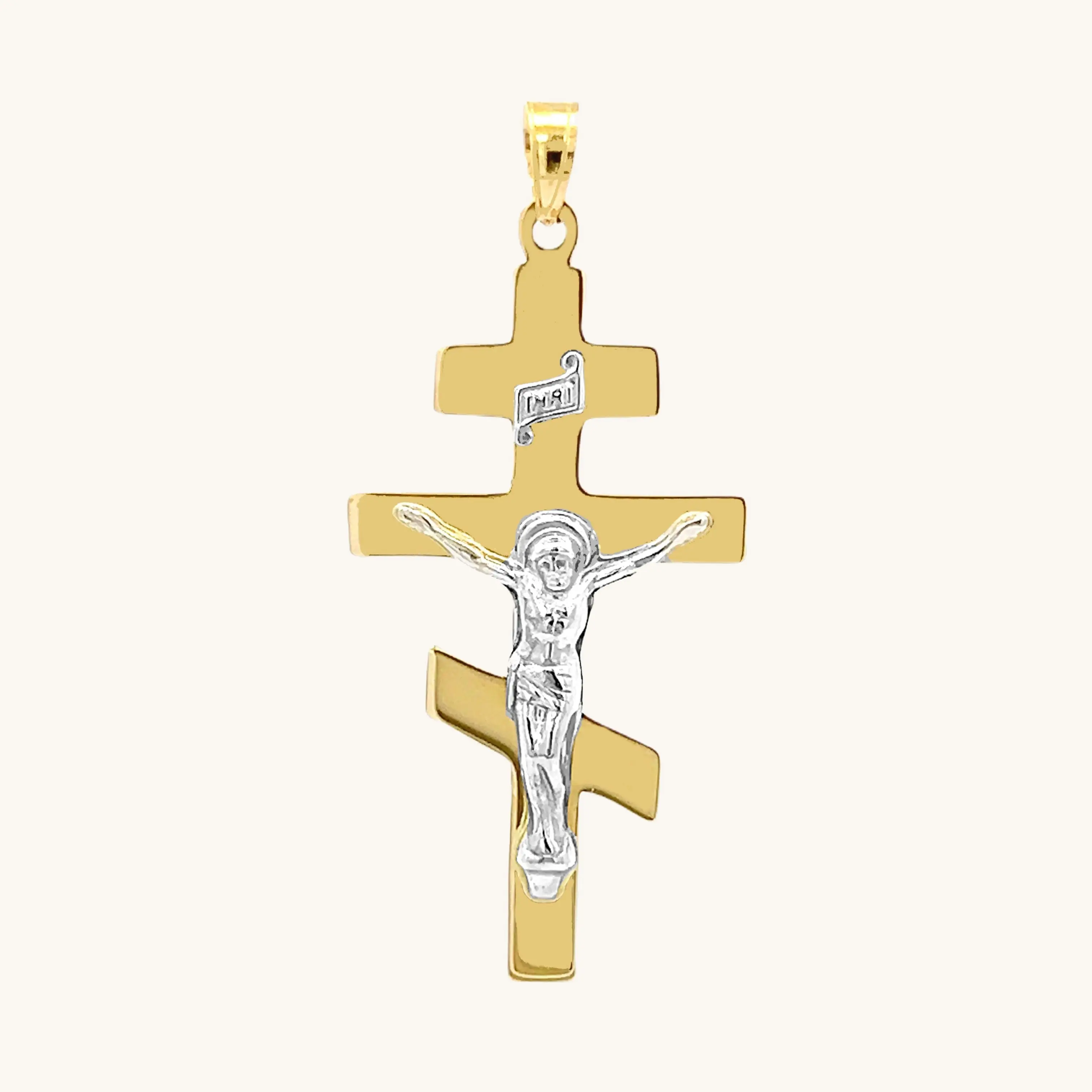 SOLID 14K TWO-TONE GOLD ORTHODOX CRUCIFIX PENDANT