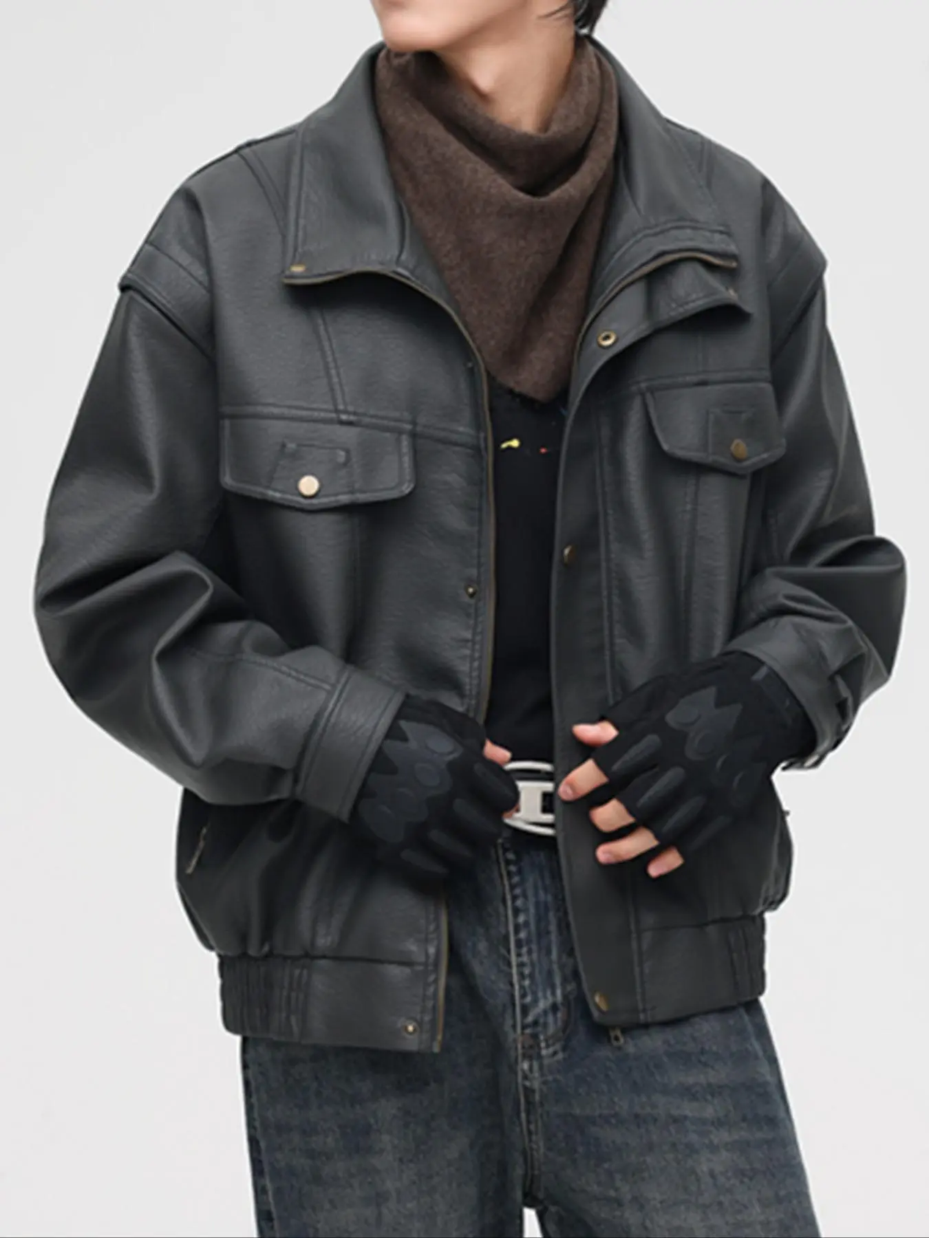 Men's Stand Collar Leather Jacket with Multiple Pockets, Vintage Motorcycle Workwear Loose-Fit Short Coat, Trendy Outerwear for Spring & Fall