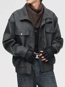 Men's Stand Collar Leather Jacket with Multiple Pockets, Vintage Motorcycle Workwear Loose-Fit Short Coat, Trendy Outerwear for Spring & Fall