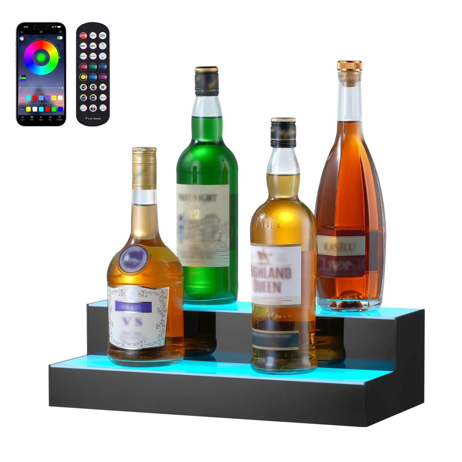 【Summerfinds】VEVOR LED Lighted Liquor Bottle Display Shelf - 2-Tier 16in Commercial Translucent Acrylic Bar Utensils Rack, Indoor Live/Party Whiskey Stand with RF Remote & App Control Multicolor Lighting, Home Bar
