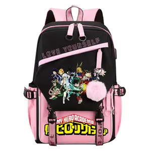 Hero Academia Casual Backpack Fashion Cartoon Backpacks Unisex Multi Pocket and Large Capacity Bag for Outdoor Travel Sports Hiking -Pink