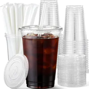 [New Deal] 50 Pack 16 oz Plastic Cups with Lids and Straws,Disposable Iced Coffee Cups with Lids, Clear Cups with Lids for Cold Drinks, Iced Tea, Milkshakes, Smoothies - Durable & BPA Free