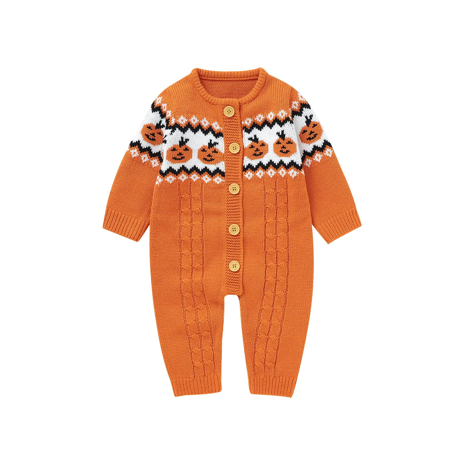 Inafnt Baby Boy Girl Halloween Pumpkin Embroidery Long Sleeve Round Neck Button Down Oversized Sweater Romper Newborn Fall Winter Knit Jumpsuit