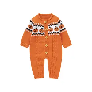 Inafnt Baby Boy Girl Halloween Pumpkin Embroidery Long Sleeve Round Neck Button Down Oversized Sweater Romper Newborn Fall Winter Knit Jumpsuit