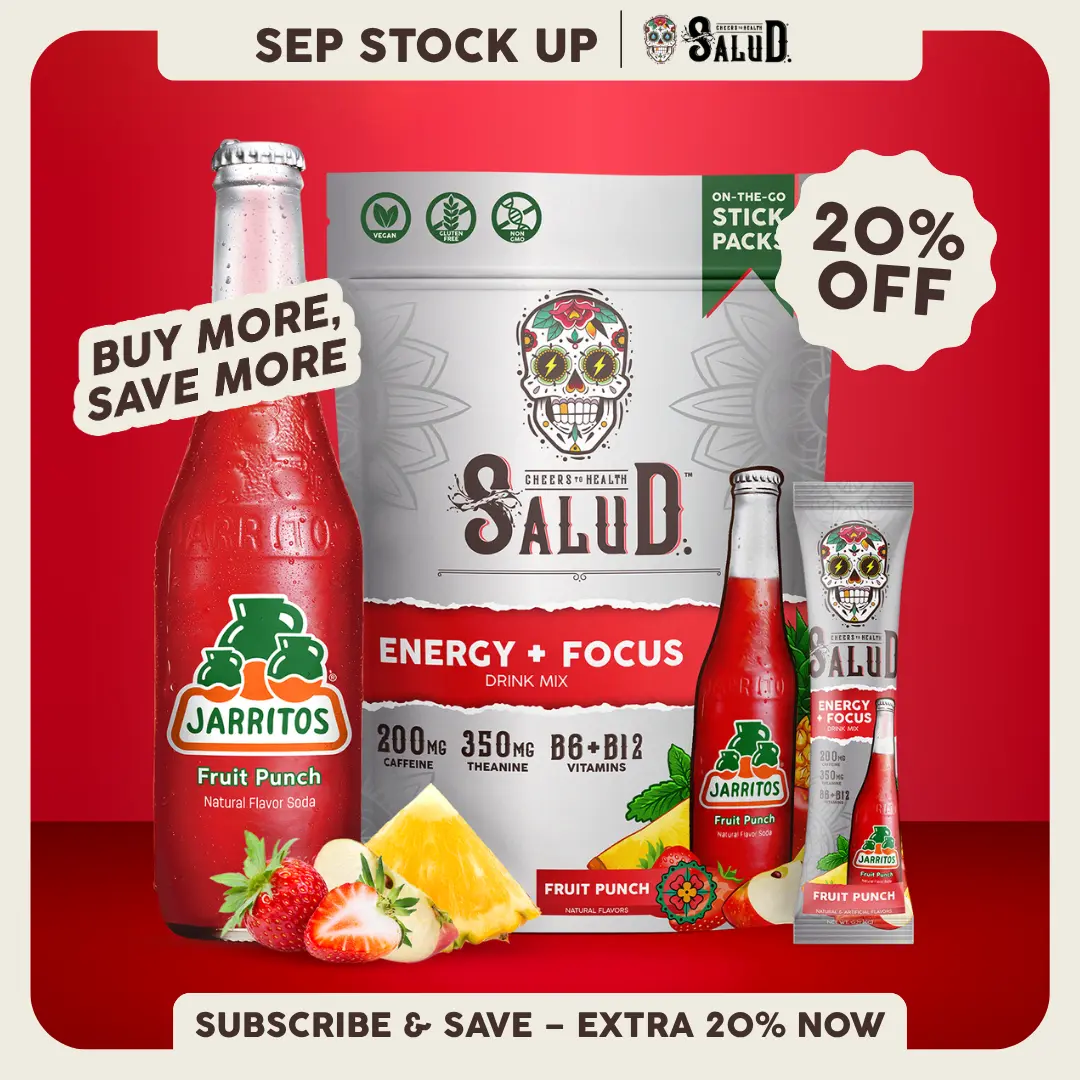 Salud x Jarritos 2-in-1 [Energy + Focus - Fruit Punch] Clean Energy Drink Mix, Agua Fresca, Organic Caffeine, B6 & B12, L-Theanine, Drink Packets, Non-GMO, Gluten Free, Vegan, Low Calorie, 1g Sugar (15 Servings)