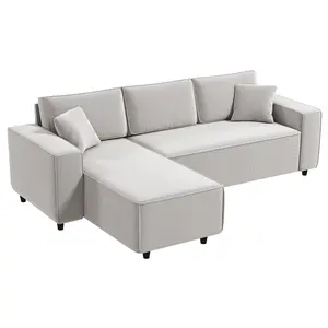 HOMCOM Sectional Sofa with Reversible Chaise Lounge, 95" L-Shaped Corner Sofa with Corduroy Fabric, Pocket Spring, 2 Pillows, Thick Padded, 3 Seat Couch for Living Room, Light Gray