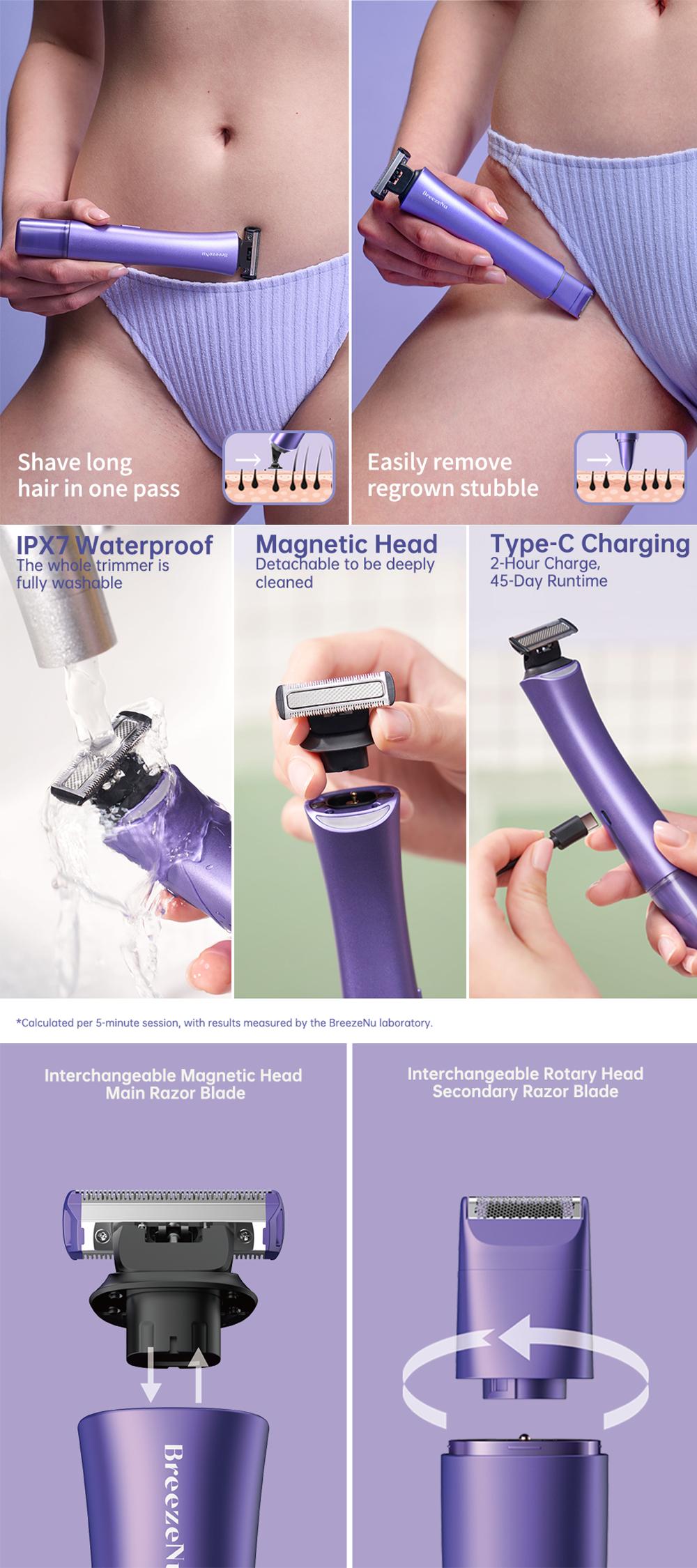 BreezeNu Bikini Trimmer for Women, Electric Shaver and Razor Rechargeable 2-in-1 Body and Facial Epilator, Dual Heads for Painless Trimming of Pubic Hair, Face, Underarms and Legs, Waterproof IPX7 Wet & Dry Use, Summer Self Care Gift BreezeNu Bikini Trimmer for Women, Electric Shaver and Razor Rechargeable 2-in-1 Body and Facial Epilator, Dual Heads for Painless Trimming of Pubic Hair, Face, Underarms and Legs, Waterproof IPX7 Wet & Dry Use, Summer Self Care Gift