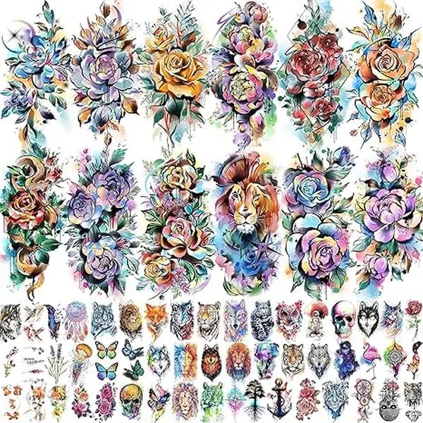 63 Sheets 3D Watercolor Rose Temporary Tattoos For Women Arm Girls Adults, Water Color Peony Flower Tattoo Sticker, Bulk Temp Fake Long Lasting Tattoo Colorful Floral Moon Snake Lion Wolf Tiger