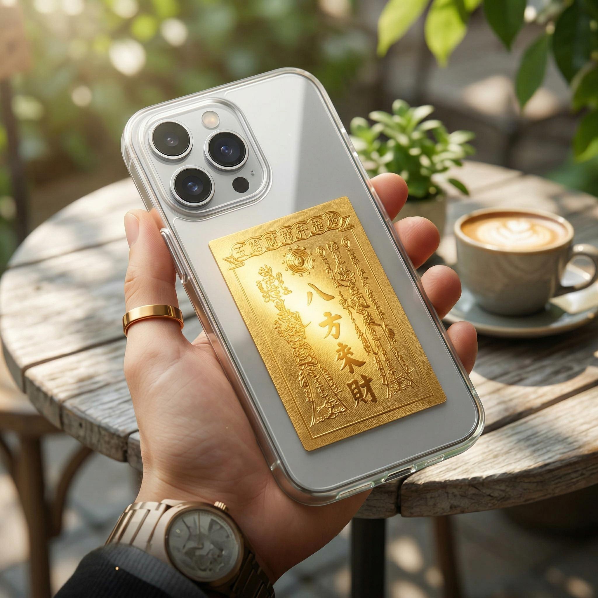 Wealth Amulet—An amulet for wealth, success, and good fortune; the Chinese Feng Shui God of Wealth; made of gold-foil; designed for wallets and as a phone sticker