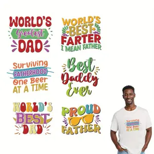 6 retro Father's Day heat transfer patches, suitable for DIY T-shirts and fabric crafts, made of PVC material, clothing decorations with dad-themed designs.