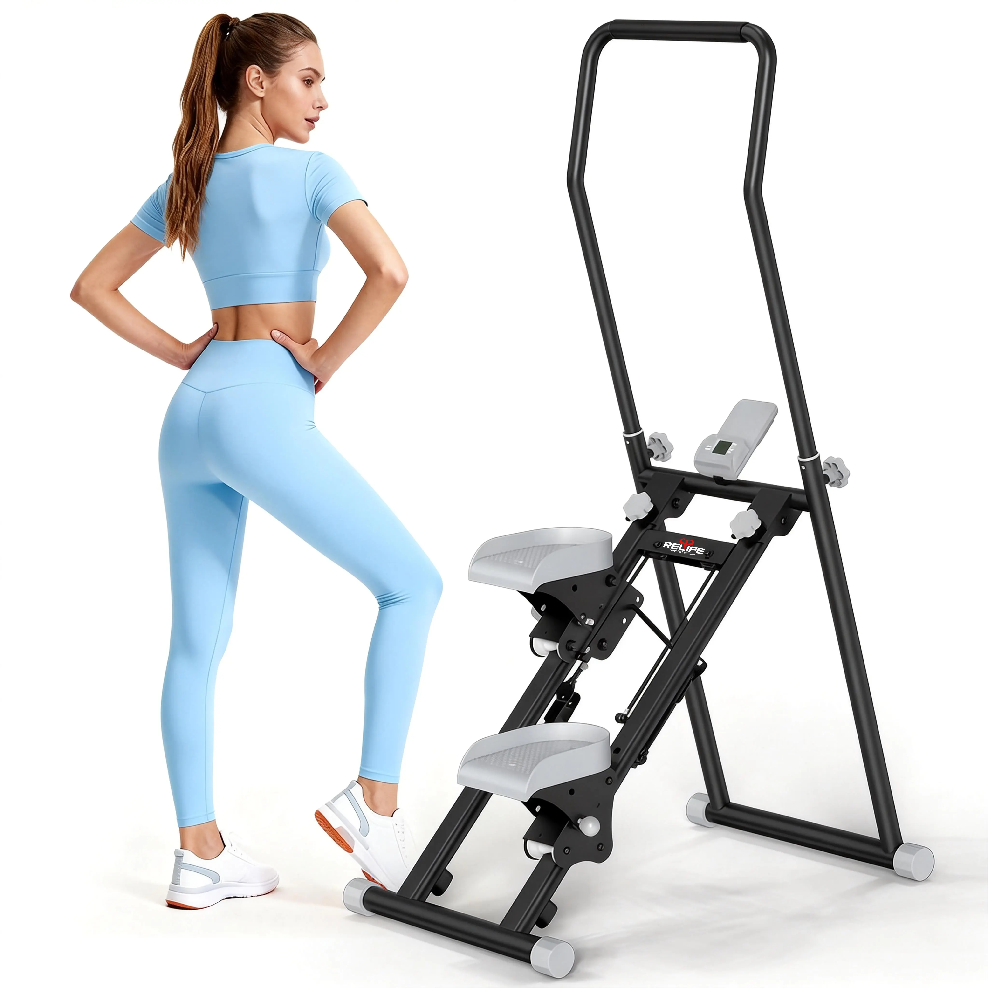 RELIFE REBUILD YOUR LIFE Stair Stepper, Foldable Vertical Climber with Adjustable Handlebar, Alloy Steel Machine for Home Gym Whole Body Workout, 300 LBS Capacity with LCD Monitor, Home Gym System