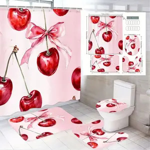 1/4pcs Cherry Bow Shower Curtain Set - Pink Background with Glossy Red Cherries & Green Stems, Matching Bath Mat & Toilet Lid Cover for Whimsical Bathroom Decor - Perfect for Spring, Easter, or Valentine's Day Celebrations