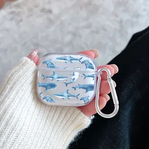 Shark Watercolor Dream Pattern TPU Soft Protective Case for Apple AirPods 4/3/2/1/Pro/Pro2 Transparent Earphone Cover with Keychain Attachment