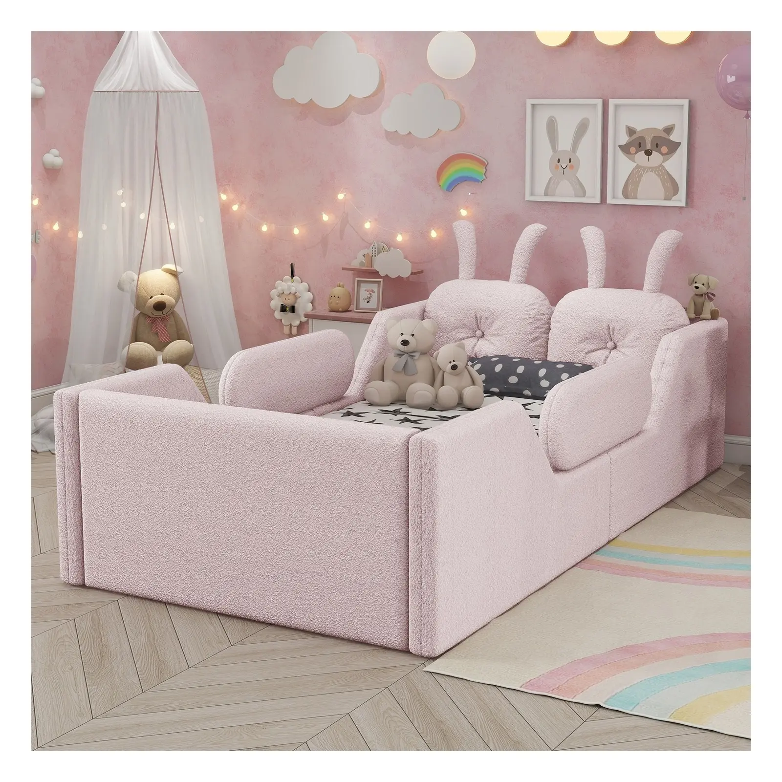 Twin Upholstered Platform Bed Frame with Headboard and Guardrails, Pink/White/Blue