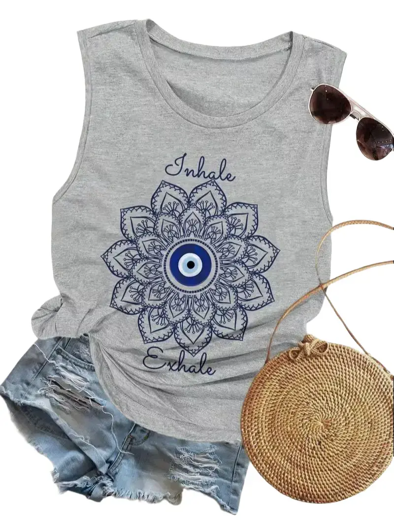 Lady's Breathable "Inhale Exhale" Evil Eye Mandala Print Tank Top - Boho Yoga Sleeveless Loungewear, Everyday Fit Spiritual Casual Vest