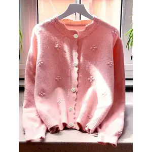 Women's Elegant Pink Sweater Cardigan with 3D Floral Buttons & Wavy Hem Regular Length Polyester Knitwear for Autumn/Winter GB394704 - Womenswear Tops Knitting Fabric Long Sleeve