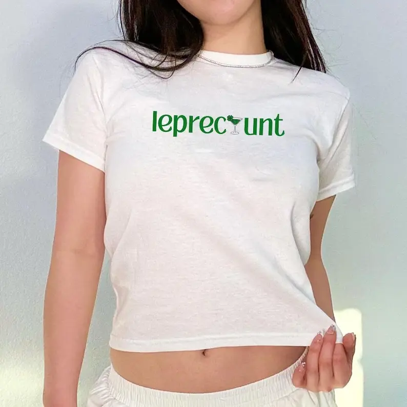 Leprecunt Baby Tee, St Patricks Day y2k Tini Bit Lucky Shirt, Viral Bar Crawl Outfit, Sorority Sisters