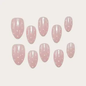 Moonovate - PINK POLKA 10pcs Handmade Press On Nails Almond Nails REUSABLE 3D Gel Fake Nails Acrylic Press On Nails