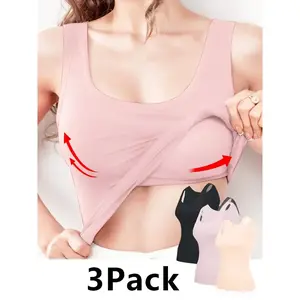 Women’s Seamless Built-In Bra Tank Tops, 3-Pack – Solid Color (Black/Pink/Apricot), Comfortable Support for Yoga, Casual Layering, Wireless Sports Bras for Workouts & Everyday Wear, Ideal for Fitness & Yoga