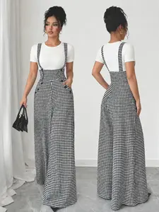 Women's Knitted Houndstooth Plaid Print Belted Pants, Button, Elegant Fall/Winter Fashion, Long Pants with Front Zipper and Pockets, Casual Commuter Wear, Womenswear, Casual High Rise, Fit