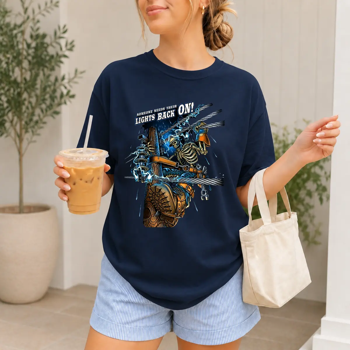 Lineman Someone Needs Their Lights Back On T-Shirt, Electrician Graphic Tee, Skeleton Power Line Worker Lightning Shirt, Front Graphic Print Tee, Proud Lineman Gift For Men And Women