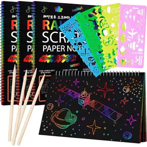 4 Pack Scratch Arts Drawing Notebook for Kids Drawing Pad, Large Rainbow Scratch Drawing Paper Set for Kids Art Supplies (with 4 Wooden Stylus & 4 Drawing Stencils