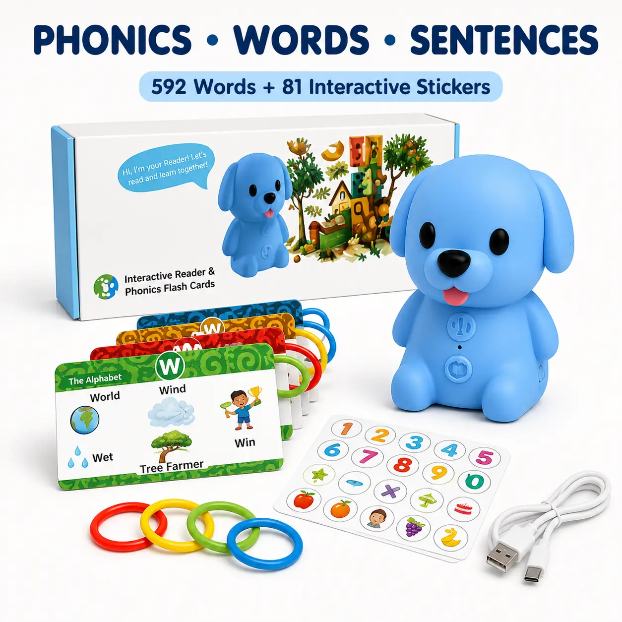 Interactive Phonics Puppy Reader Toy with 75 Double-Sided Flashcards | Perfect Educational Gift for Early English Learning & Toddler Sight Words Practice