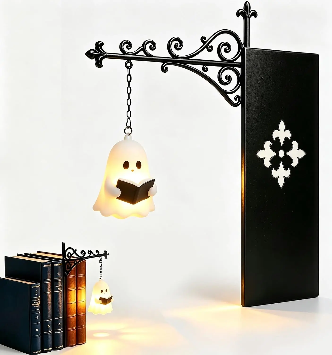 Library Lantern Bookshelf Lamp, Ghost Bookshelf Lantern with Warm LED Nightlight, Mini Nook Light for Bookshelf, Table Desk Pumpkin Luminaire, Halloween Bookshelf Decor for Book Lovers