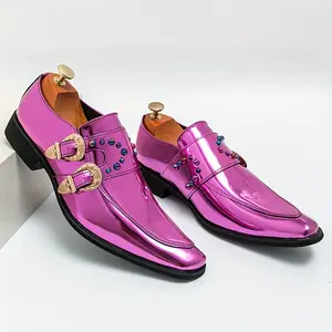 Men's Stylish Pink Penny Loafers - Glossy Slip-On Dress Shoes with Golden Buckles & Colorful Gemstones, Perfect for Casual or Formal Occasions, Formal Shoes