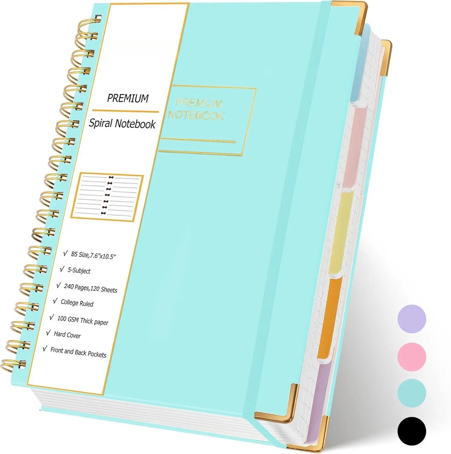 Aesthetic Hardcover Lined Spiral Notebook Journal - 5-Subject with Dividers, 7.6"x10.5", 240 Pages 100gsm Thick Paper, Golden Edges, Cute Notebooks for School, Office Stationery Supplies (Green)