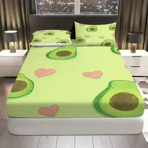 3Pcs Avocado Heart Love Fitted Sheet Three Piece Set (1*Fitted Sheet+2*Pillowcases, Coreless), Valentine's Day theme, Cute Avocado Bedding Set, Mattress Protector Soft, Breathable