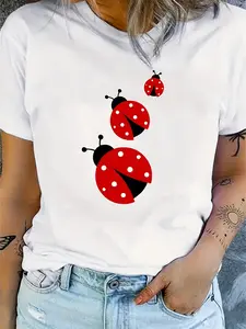 Women's Ladybug Print T-Shirt, Soft, Casual Round Neck, Short Sleeve, Breathable & Machine Washable, White with Red Ladybug Design, Perfect for Summer, Unisex Comfortable Adult Apparel, Breathable Apparel Bohemian Style Skinfriendly Fabric