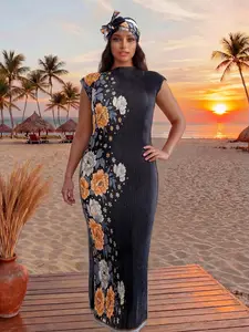 Elegant Long Robe Set with Shawl Dress and Headscarf, Beach Sun Protection Satin Scarf, Casual Style for All Seasons