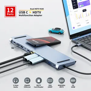 12 in 1 USB C Docking Station with 12 Ports Dual 4K HDTV VGA 3.5 Audio PD 100W SD TF Ethernet for MacBook