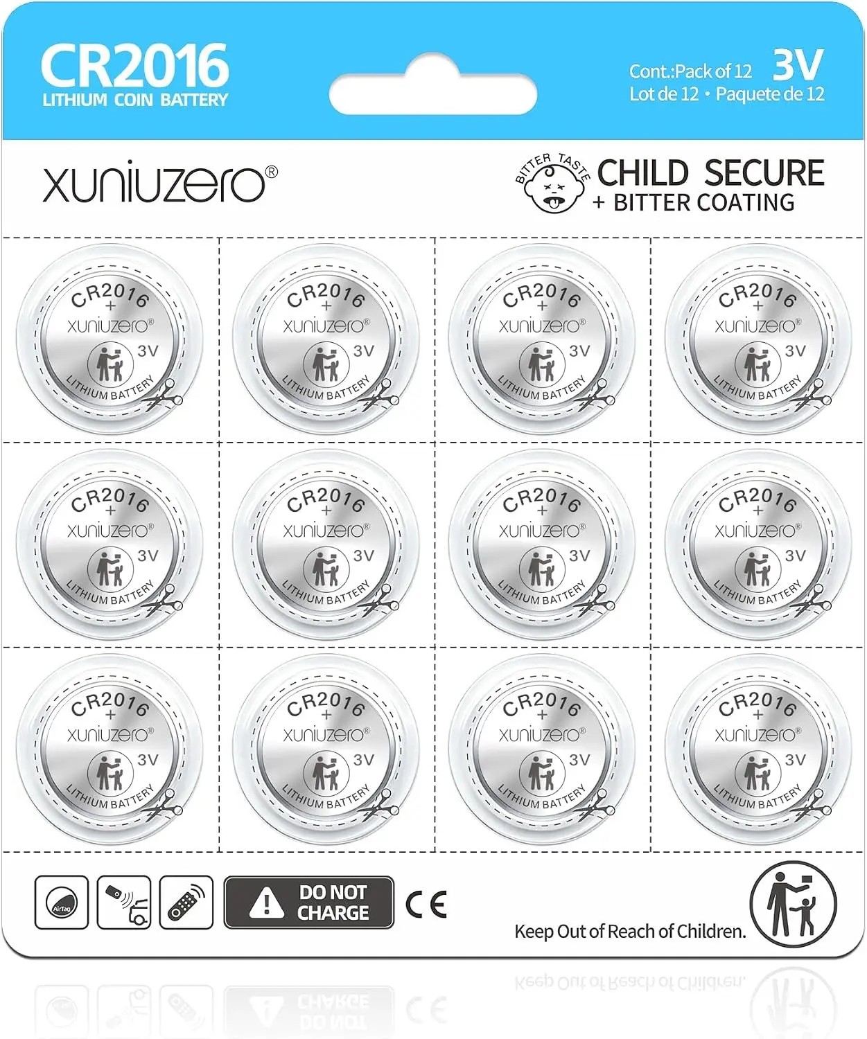 CR2016 3v Coin battery12 Pack for Child Safety, Compatible with Remotes, Key Fobs, Glucose Monitors - 7 Years Shelf Life
