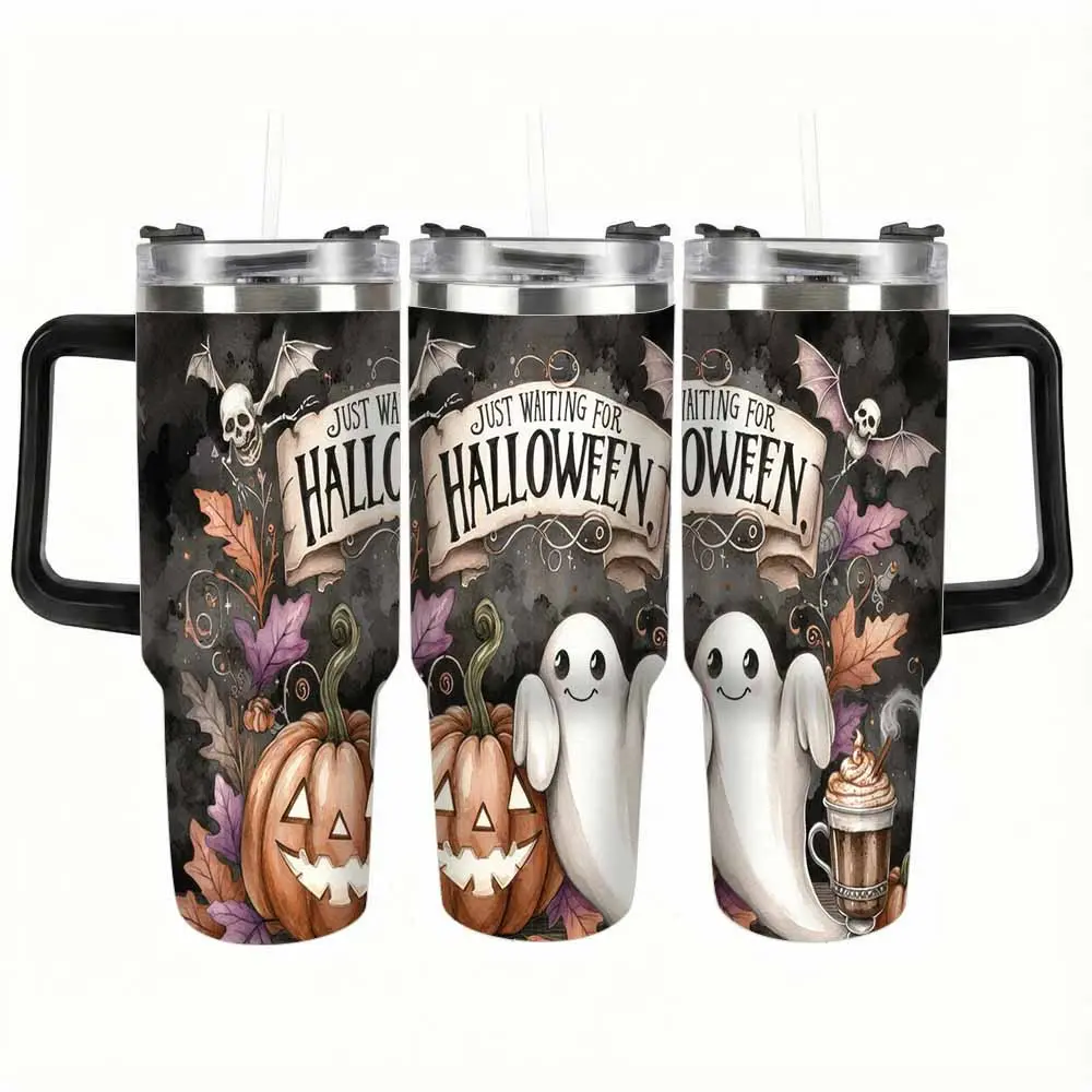 Modern Halloween Ghost Pumpkin Stainless Steel Tumbler (30oz/40oz) - Festive Autumn Harvest Print Portable Vacuum Flask, Insulated Double Wall, Leakproof Lid, Ideal for Coffee Enthusiasts, Outdoor Picnics, Gifting