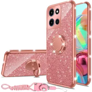 for 6.7-inch Motorola Moto G Stylus 5G 2025 Phone Case Girls Women Cute Glitter Luxury Soft Silicone Clear Case with Ring Stand Strap Lanyard Shockproof Protection Cover - Rose Gold