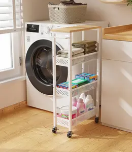 Slim Rolling Storage Cart 4 Tier Bathroom Organizer Mobile Shelving Unit Utility Cart with  Top and Handle for Kitchen Laundry Narrow Places, White