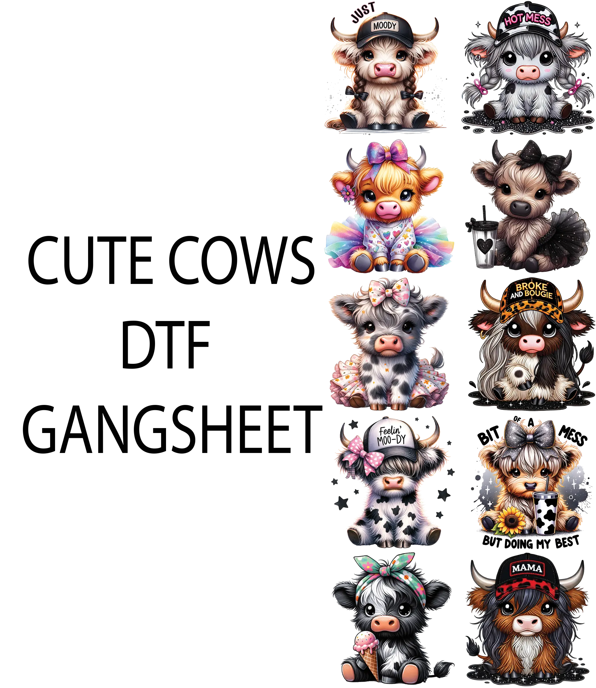 cute cows dtf gangsheet for shirtmaking