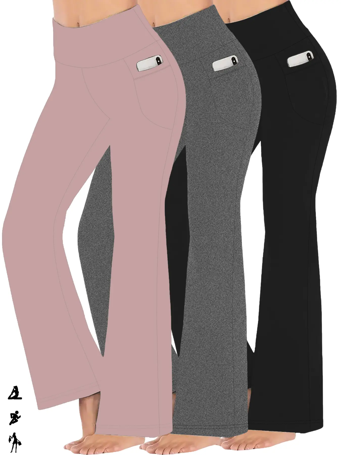 3 Pack Women's Super Soft Flare Pants with Pockets, Stretchy High Waist Tummy Control, No See Through Yoga Leggings for Working Out, Flared Yoga Bottoms, Yoga Wear