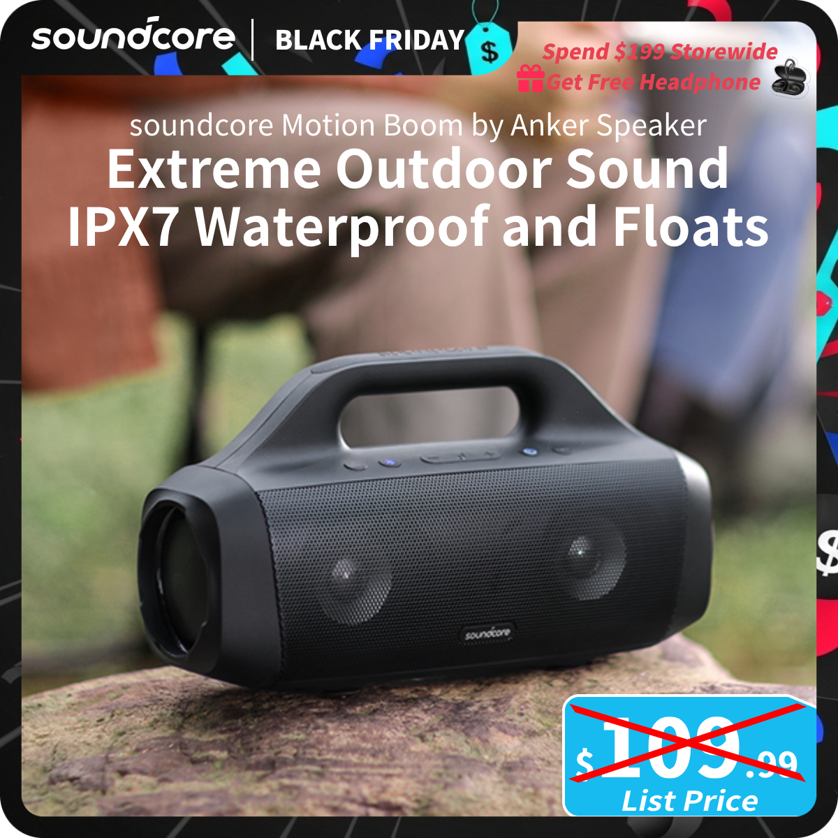 [TikTokShopBlackFriday] soundcore Anker Motion Boom Waterproof Bluetooth Speaker with Titanium Drivers, BassUp Technology, IPX7, 24H Playtime, App, Bu