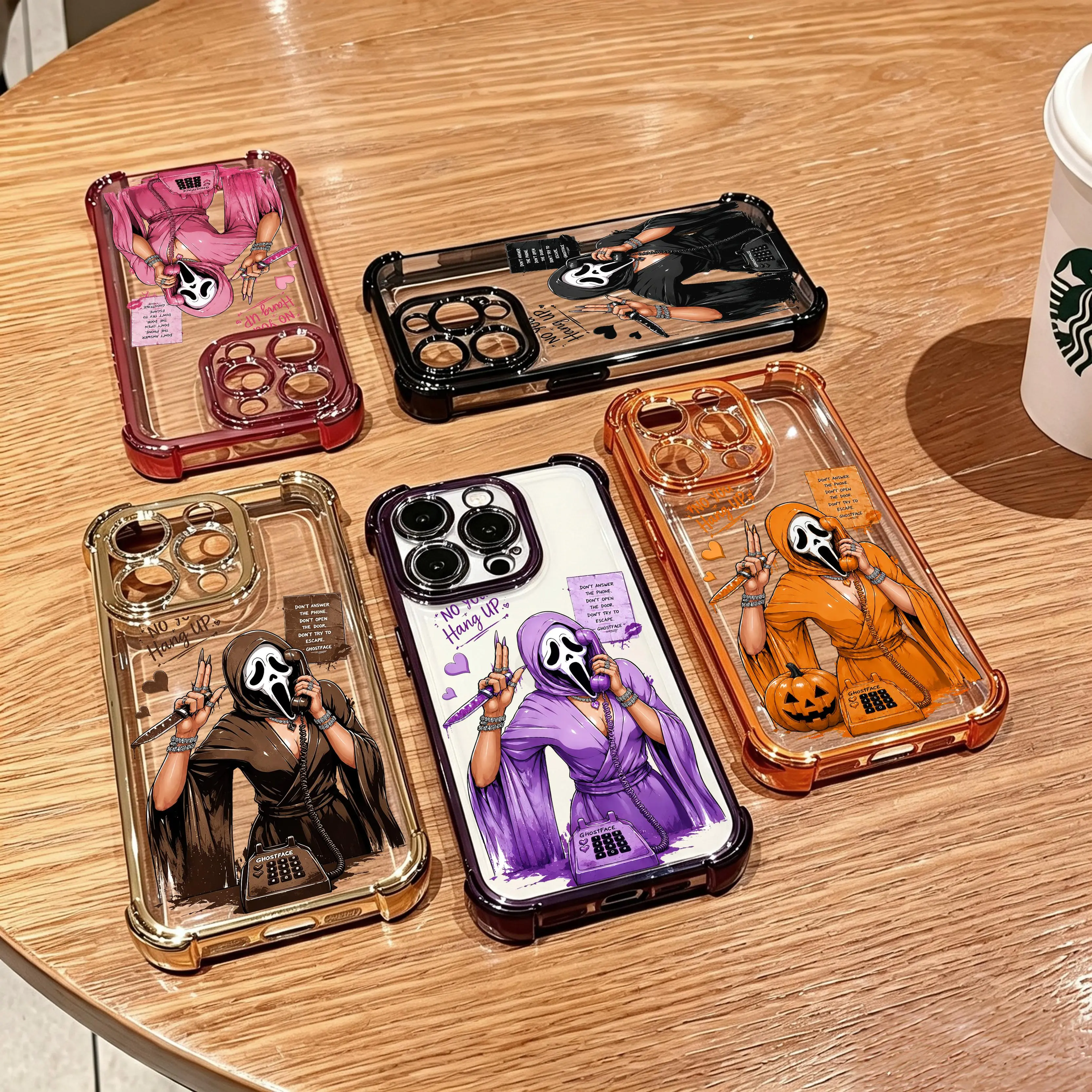 Halloween Horror Mask Phone Case for iPhone 17 Pro Max Air,16 Plus,15,14,13,12,11,XR,XS Max & Samsung Galaxy S26,S25,S24,S23,S22, Spooky Caller Design,Transparent Soft Silicone Cover, 4-Corner Drop Protection, Non-Yellowing Shockproof, Gift for Her, JL114