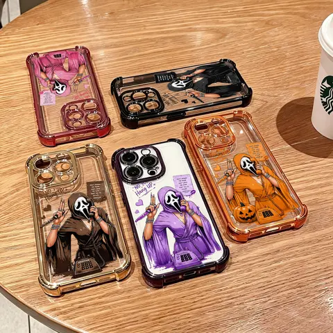 Halloween Horror Mask Phone Case for iPhone 18 Pro Max 17 Air,16 Plus,15,14,13,12,11,XR,XS Max & for Galaxy S26,S25,S24,S23,S22, Spooky Caller Design,Transparent Soft Silicone Cover, 4-Corner Drop Protection, Non-Yellowing Shockproof, Gift for Her, JL114