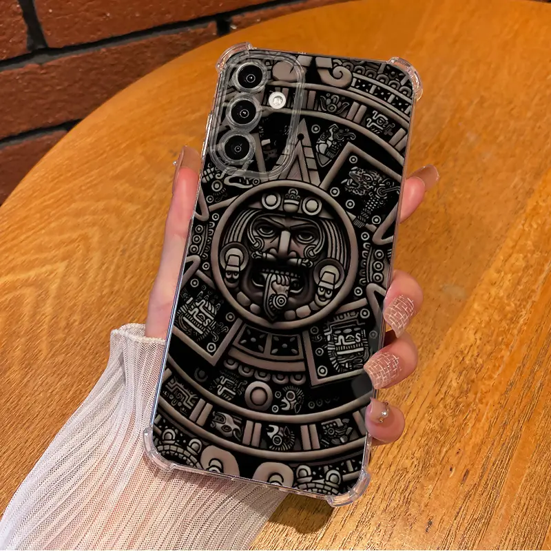 Aztec Maya Sun Stone Calendar pattern Retro design of ancient Mexican tribes Aesthetic TPU Casing For SAMSUNG GALAXY A26A34A35A36A53A54A55A56 IPHONE 17 Four Corners Transparent Soft Silicone TPU Gift Shockproof Anti-Drop Phone Cases Shell Cover L1424
