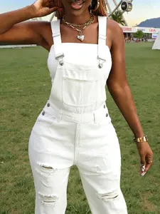 Women’s Casual White Denim Overalls, Distressed Straight Leg Jumpsuit with Adjustable Straps, Comfortable Full Length Bib Pants for Daily Life, Outdoor Activities, Concerts, All Occasions