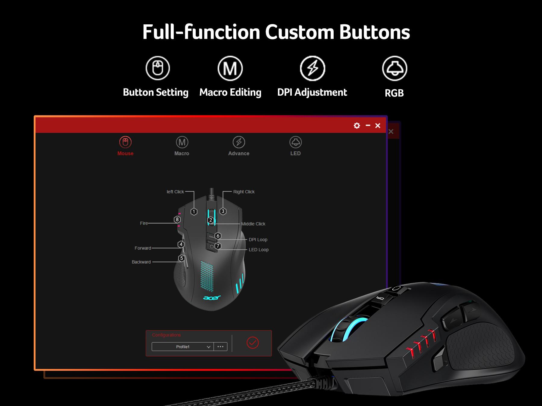 acer Wired Gaming Mouse, 12,800 DPI RGB Ergonomic Computer Mouse with Optical Sensor, 8 Programmable Buttons, 12 Backlit Modes, Software for DIY Keybinds, Rapid Fire, USB Gaming Mice for Laptop, PC
