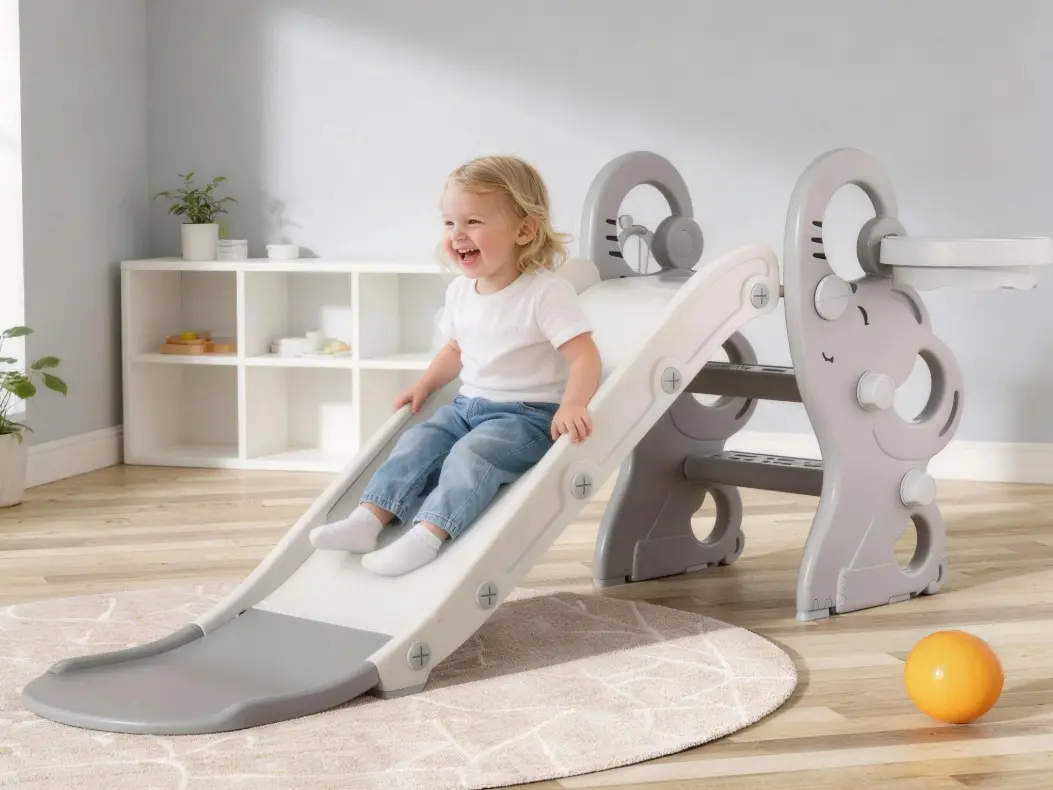 BIERUM ASTM Certified Foldable Plastic Toddler Slide 4-in-1 Playset - with Hoop, Ring Toss Pegs, Climbing Steps, Climber, Holds Up to 110 lbs, Indoor-Outdoor Playground Equipment for Child Development, Toddler Gifts